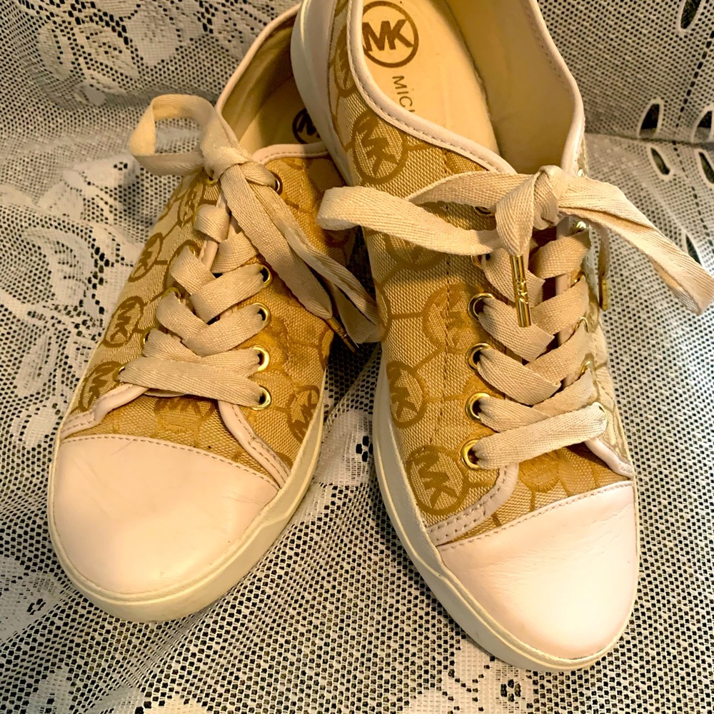 Michael Kors Women's Gold and Cream MK logo Sneakers
